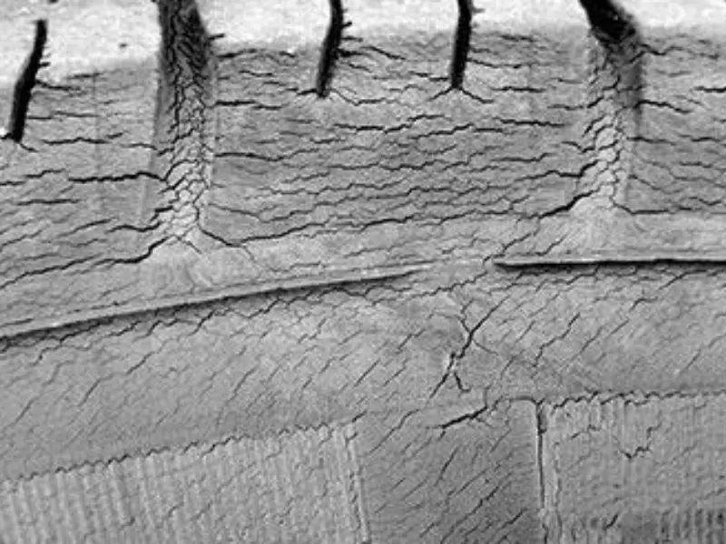 جدار الإطار الجانبي متصدع مما يدل على التلف الناتج عن الجفاف